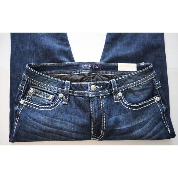 Miss Me M3953B Women's Sz 33 Dk Blue Floral Paradise Mid-Rise Bootcut Jeans - Picture 10 of 13